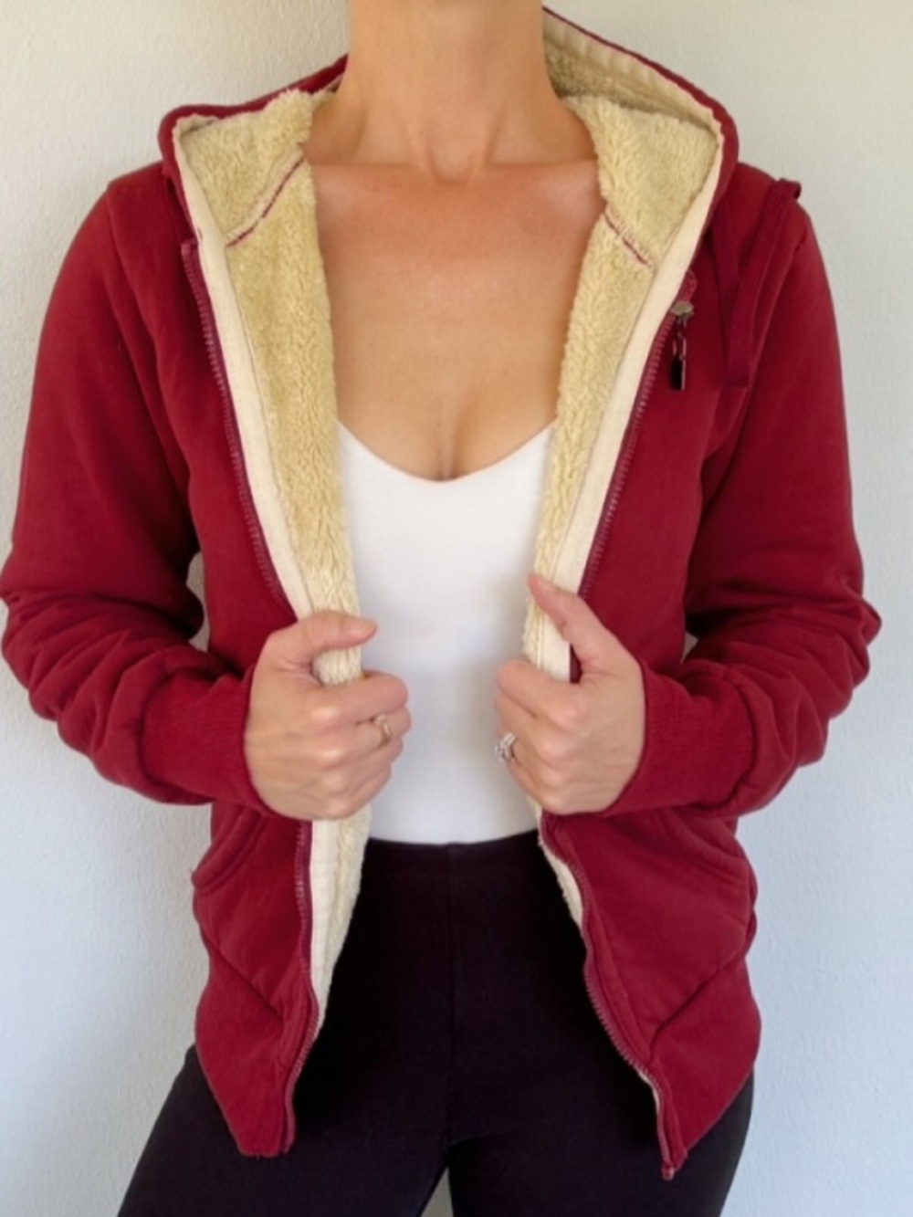 YeoKou red tan faux teddy fur lined full zip  hoodie sweatshirt size small